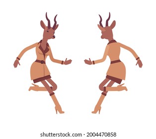Roe deer woman, elegant gazelle lady, animal head stylish human jumping. Attractive deerlike businesswoman, antelope wearing office outfit. Vector flat style cartoon illustration, front and rear view