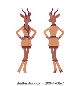 Roe deer woman, elegant lady, animal head stylish human standing. Attractive deerlike businesswoman, slim antelope wearing office outfit. Vector flat style cartoon illustration, front and rear view