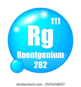 Símbolo do elemento roentgênio. Número atômico 111. Massa 282. Ícone de esfera azul.