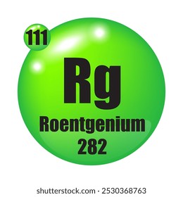 Ícone Roentgenium. Rg elemento químico. Número atômico 111. Massa 282. Design de esfera verde.