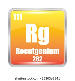 Ícone Roentgenium. Rg elemento químico. Número atômico 111. Massa 282. Quadrado laranja brilhante.