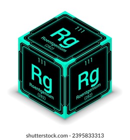 Roentgenium (Rg) (111) - Fundamental Element Futuristic Cybernetic Cube Block Isometric View, Icon Isolated White Background, Periodic Table, Chemical Symbol, Name, Atomic Mass, Atomic Number