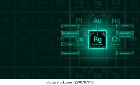 Roentgenium (Rg) Element Neon Light Glow Square Grid Background Design - Periodic Table, Chemical Symbol, Name, Atomic Weight, Atomic Number, Electron Shells, Classification, Phase at STP