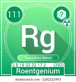 Roentgenium (Rg) Element - Transition Metal - Periodic Table, Chemical Symbol, Name, Atomic Weight, Atomic Number, Electron Shells, Classification, Phase at STP - Chemistry Logo Icon Design