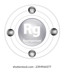 Roentgenium (Rg) Icon structure chemical element round shape circle grey, black with surround ring. Period number shows of energy levels of electron. Study science for education 3D Illustration vector