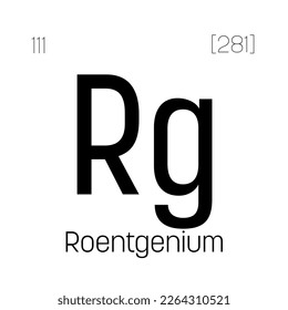 Roentgenium, Rg, periodic table element with name, symbol, atomic number and weight. Synthetic element with no known commercial or industrial uses, but has been used in scientific research.