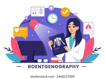 Roentgenography Vector Illustration with Fluorography Body Checkup Procedure, X-ray Scanning or Roentgen in Health Care in a Flat Cartoon Background