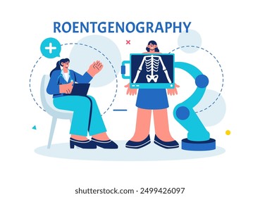 Roentgenography Vector Illustration with Fluorography Body Checkup Procedure, X-ray Scanning or Roentgen in Health Care in a Flat Cartoon Background