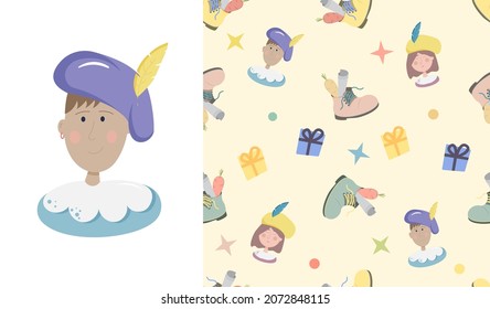 Roetpiet helper of St. Nicholas and seamless vector illustration pattern with children's boot and piet for wrapping paper concept. Dutch holiday Sinterklaas yellow background.