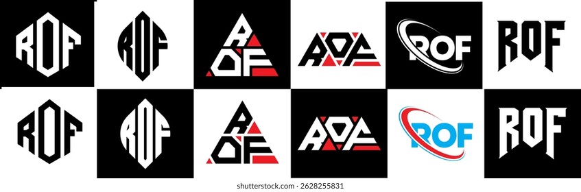 ROF letter logo design in six style. ROF polygon, circle, triangle, hexagon, flat and simple style with black and white color variation letter logo set in one artboard. ROF minimalist and classic logo