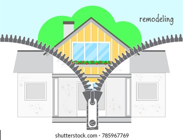 rofessional House Remodeling.  The zipper is unfastened and a renovated house is visible. Part two - remodeling. Flat design. Vector illustration EPS10. 