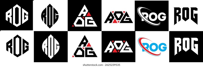 ROG letter logo design in six style. ROG polygon, circle, triangle, hexagon, flat and simple style with black and white color variation letter logo set in one artboard. ROG minimalist and classic logo