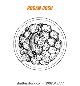 Rogan josh sketch, Indian food. Hand drawn vector illustration. Sketch style. Top view. Vintage vector illustration.