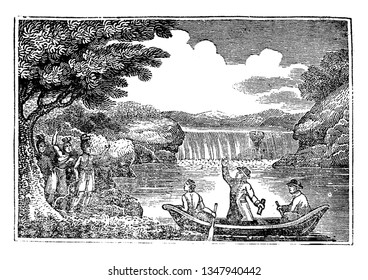 Roger Williams who was a Puritan, an English Reformed theologian crossing the pawtucket river,vintage line drawing or engraving illustration.