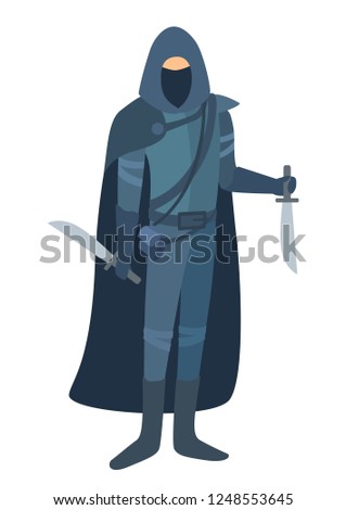 A rogue stands in a cloak with two blades. Role-playing stylized image without a face. Flat cartoon design. Realistic body proportions. Vector simple style illustration isolated on white background.