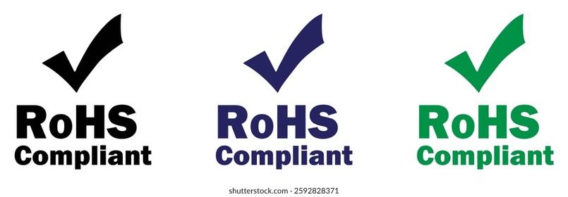 Rohs compliant check mark symbol certification label icon electronic safety standard restriction of hazardous substances ecofriendly vector. Rohs mark icon isolated set.