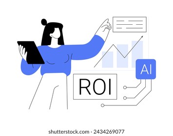 ROI y análisis de atribución con ilustración vectorial de concepto abstracto de IA. Marketing y Publicidad. Mide el retorno de la inversión para campañas de marketing. Tecnología AI. metáfora abstracta.