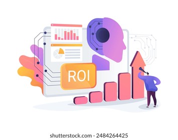 Análisis de ROI y Atribución con Ilustración vectorial de concepto abstracto de IA. Marketing y Publicidad. Mide el retorno de la inversión para campañas de marketing. TECNOLOGÍA de IA. metáfora abstracta.