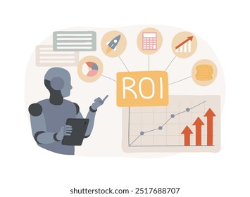 ROI y análisis de atribución con Ilustración vectorial de conceptos abstractos de IA. Marketing y Publicidad. Medir el retorno de la inversión para las campañas de marketing. AI Tecnología. metáfora abstracta.