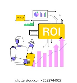 ROI y análisis de atribución con Ilustración vectorial de conceptos abstractos de IA. Marketing y Publicidad. Medir el retorno de la inversión para las campañas de marketing. AI Tecnología. metáfora abstracta.