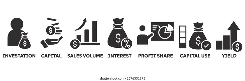 ROI banner icon set illustration concept with icon of investation, capital, sales volume, interest, profit share, capital use, yield