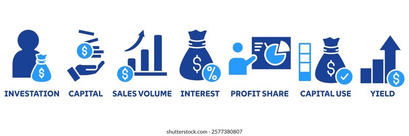 ROI banner icon set illustration concept with icon of investation, capital, sales volume, interest, profit share, capital use, yield