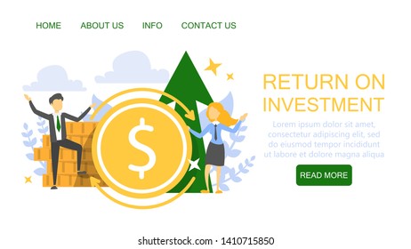 ROI banner, return on investment concept. Profit in finance, invest money and get back, idea of capitalization. Financial planning and budget growth.