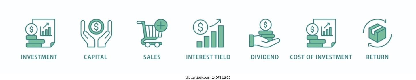 Roi banner icono web icono de la ilustración vectorial concepto de rendimiento de la inversión con icono de capital, ventas, títulos de interés, dividendo, coste de inversión y rendimiento