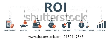 Roi banner web icon vector illustration concept for return on investment with icon of capital, sales, interest tield, dividend, cost of investment and return