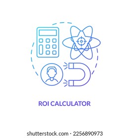 Icono de concepto de gradiente azul de calculadora de ROI. Análisis del rendimiento de la inversión. Método de retención de plomo abstracta idea ilustración de línea delgada. Dibujo de contorno aislado. Se usa una fuente Myriad Pro-Bold