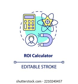 ROI calculator concept icon. Return on investment analysis. Lead retention abstract idea thin line illustration. Isolated outline drawing. Editable stroke. Arial, Myriad Pro-Bold fonts used