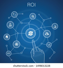 ROI concept, blue background.investment, return, marketing, analysis icons