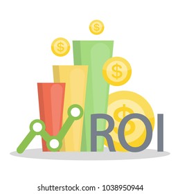 Ilustración del concepto de ROI. Gráfico de datos con monedas de oro.