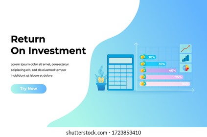 Concepto de ROI, Retorno de la inversión, personas que administran gráficos financieros, ingresos por beneficios, Página de inicio web de idoneidad para la web, ui, aplicación móvil, plantilla de banner. Ilustración vectorial.