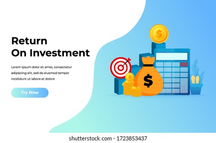 Concepto de ROI, Retorno de la inversión, personas que administran gráficos financieros, ingresos por beneficios, Página de inicio web de idoneidad para la web, ui, aplicación móvil, plantilla de banner. Ilustración vectorial.