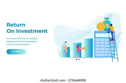 concepto de ROI, Retorno de la inversión, personas que administran el gráfico financiero, ingresos por beneficios, Página de inicio de web Adecuada para web, ui, aplicación móvil, plantilla de banner. Ilustración vectorial.