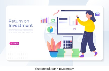 ROI concept, Return on investment, people managing financial chart, profit income,  Suitable for web landing page, ui, mobile app, banner template. Vector Illustration. 