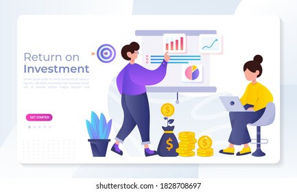concepto de ROI, Retorno de la inversión, personas que administran el gráfico financiero, ingresos por beneficios, Página de inicio de web Adecuada para web, ui, aplicación móvil, plantilla de banner. Ilustración vectorial. 