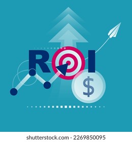 ROI concept. Return on investment. ROI business marketing. Profit income. Businessman managing financial chart. Vector illustration flat design. Isolated background. Analysis data.