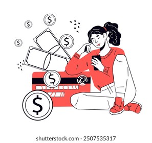 ROI concept, return on investment and mobile banking concept, vector illustration isolated on white. Woman making financial transactions and placing money in stocks online, using mobile app.