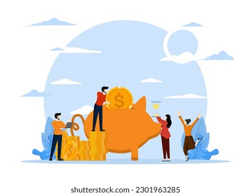 ROI Concept, Saving money in Piggy Bank. Return on investment performance is measured based on investment cost and profit efficiency, ROI Return on Investment. Flat vector illustration on background.