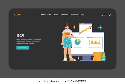 ROI dark or night mode. Modern woman analyzing rising trend graphs, pie chart on screens, coin stack below. Return on investment, financial insights. Flat vector illustration