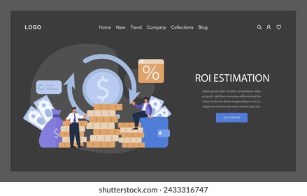 Concepto de estimación del ROI. Profesionales dedicados a calcular los rendimientos de la inversión, con un enfoque en el éxito financiero y la planificación estratégica. Cálculo de utilidades y análisis económico. Vector plano