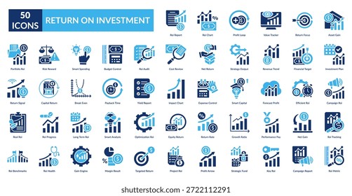 Conjunto de iconos de relleno de roi. Informe, Gráfico, Bucle de beneficios, Rastreador de valor, Foco, Ganancia de activos, Plan de inversión