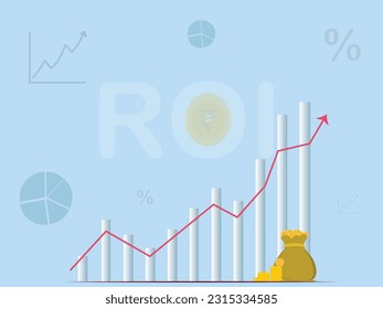 ROI Growing Percentage on Bar Graph with Bag of Indian Currency Coins Illustration