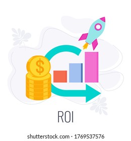 ROI Icon. Return On Investment. Stack Of Coins, Graph And Rocket Taking Off. Flat Vector Illustration.