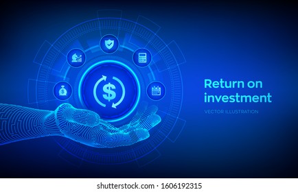 ROI icon in robotic hand. Return on investment business and technology concept. Profit or financial income strategy. Market and Finance, Business Growth. Vector illustration.