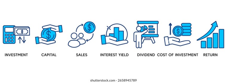 El concepto de Ilustración vectorial del conjunto de iconos de Roi se relaciona con el retorno de la inversión con el ícono de capital, ventas, intereses, dividendos, costo de inversión y retorno