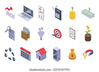 Los iconos de ROI establecen un vector isométrico. Aumentar el precio. Ahorro de dinero