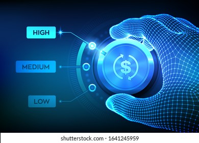 ROI levels knob button. Finance concept illustration of profitability or return on investment. Wireframe hand setting ROI button on highest position. Profit income strategy. Vector illustration.